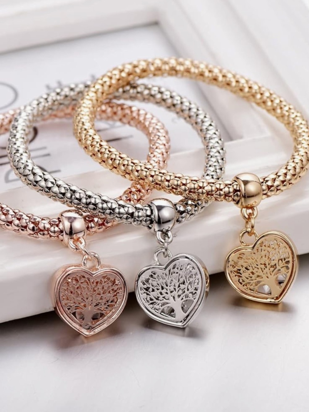 Anthropologie Three-Tone Heart Tree Charm Bracelet — Gold, Silver & Rose Gold